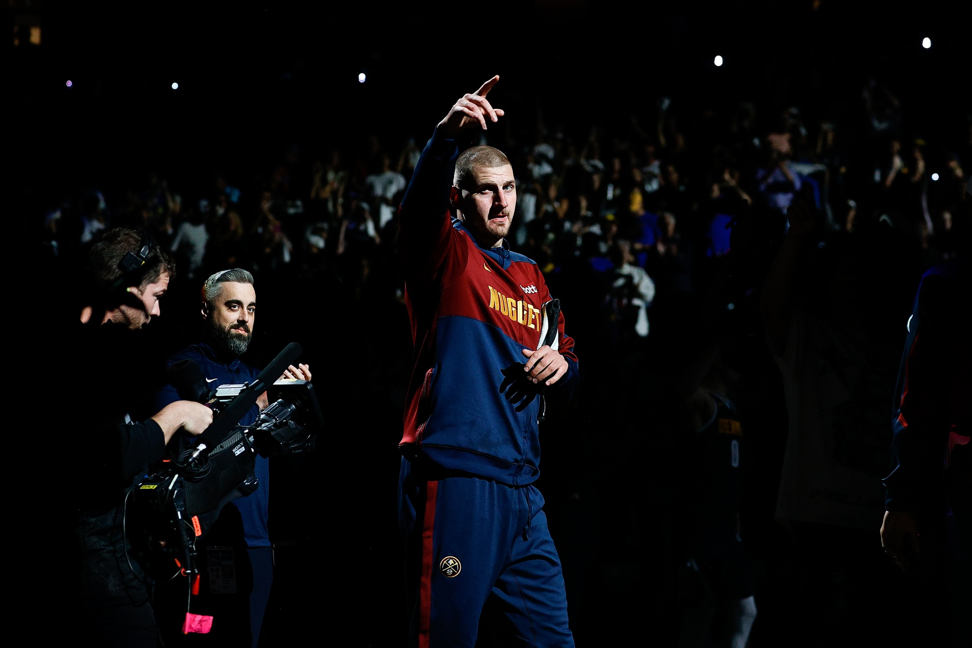 Denver Nuggets center Nikola Jokic (15) is introduced before game four against the Oklahoma City Thunder in the second round of the 2025 NBA Playoffs at Ball Arena.